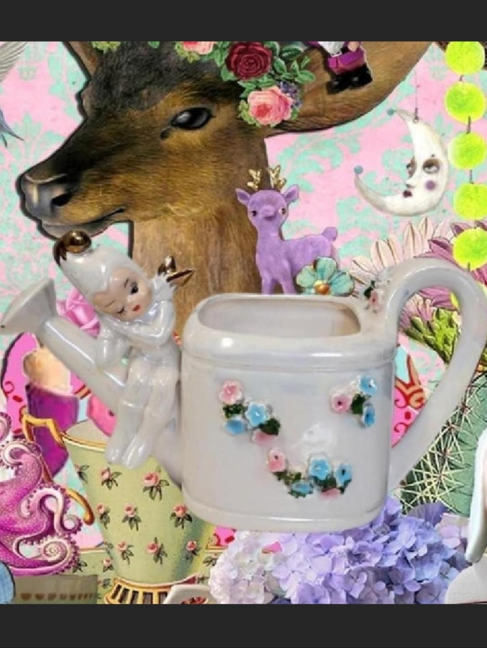Vintage 60s Lefton Pearlescent Winking Pixie On Watering Can Porcelain Planter
